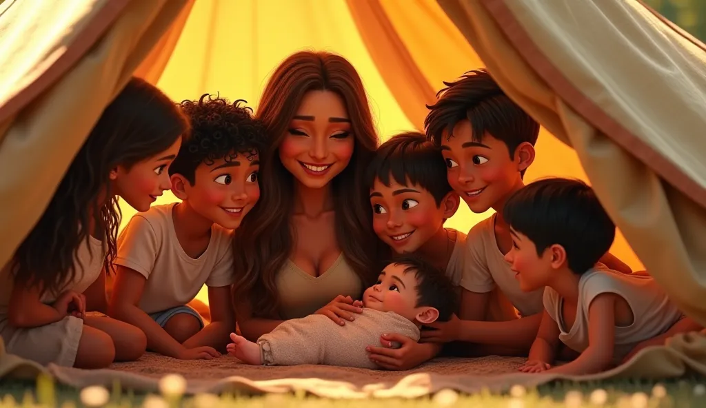 .    Joseph's family reunited , showing her many siblings around the tent,  while Raquel , beautiful woman, brown hair, Hold the baby with affection.  Disney pixar