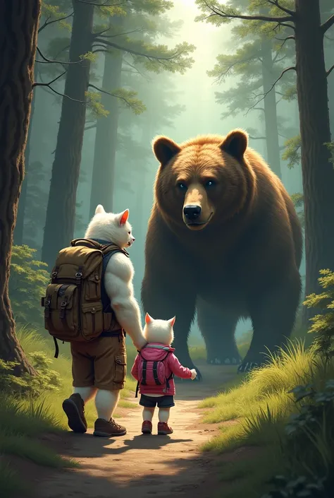 "A tranquil forest path suddenly shifts into an eerie silence. The muscular white-furred father cat, still in his rugged khaki hiking vest, cargo shorts, and a sturdy backpack, senses danger and tenses up. His daughter, dressed in her pink and white hiking...