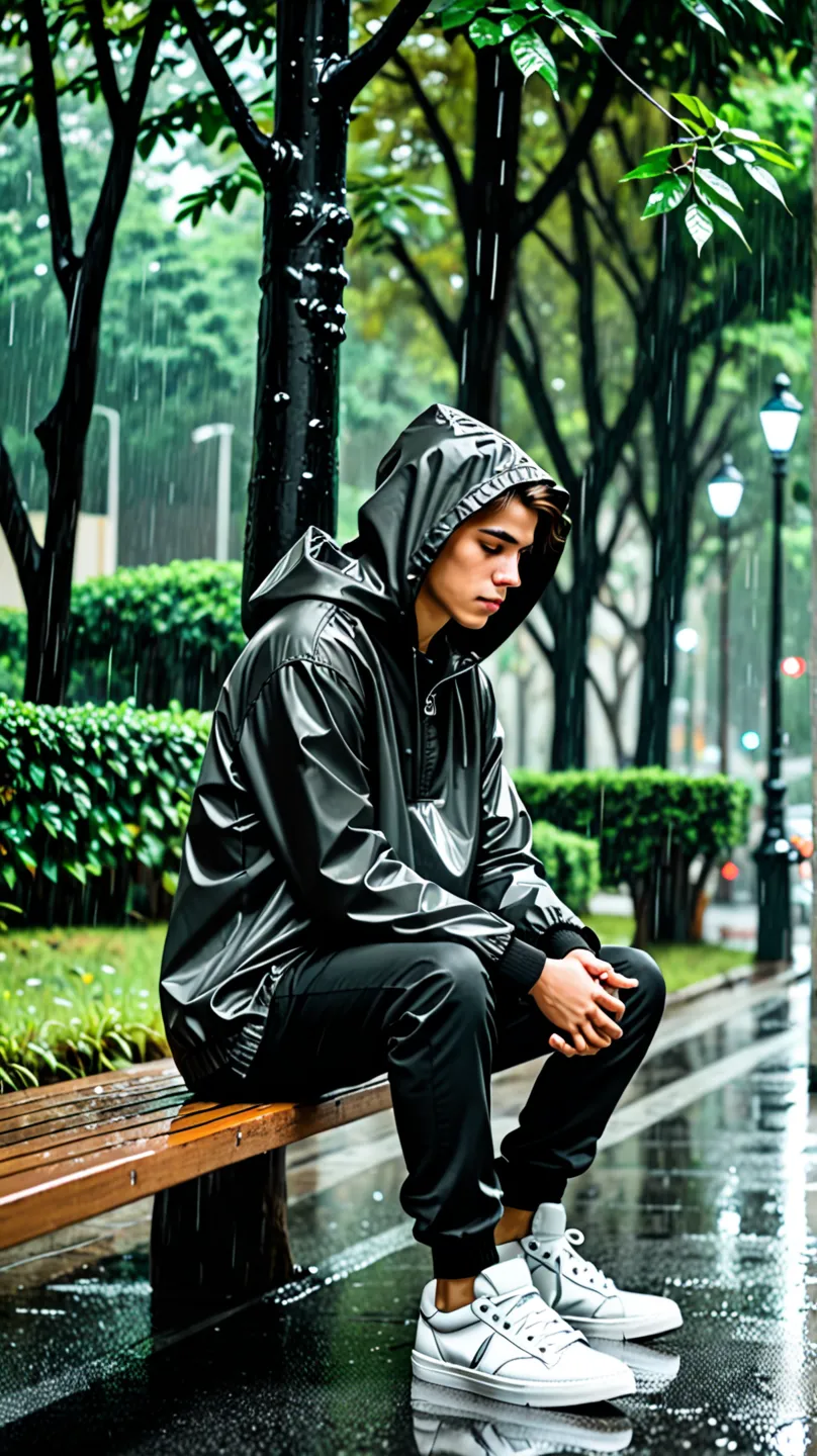 Alon boy siting here alone , with sad and trees and rain slowly with hooded jacket and white shoes and Balck shirt and brown hair 