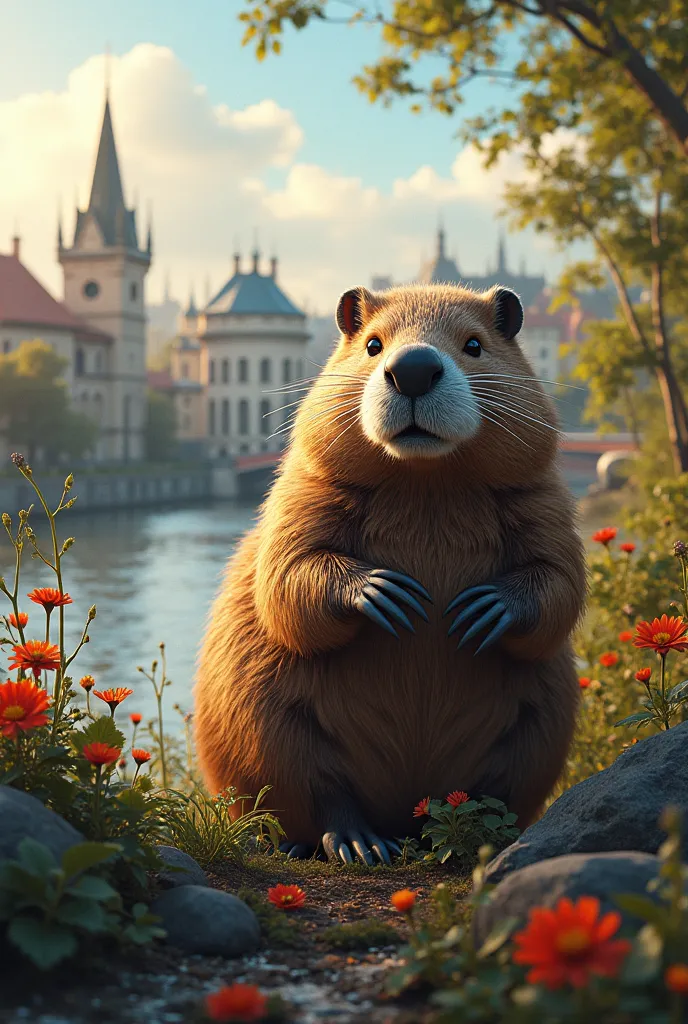 Image of a beaver with the city of Poznan in the background with a Poznan sign in Polish