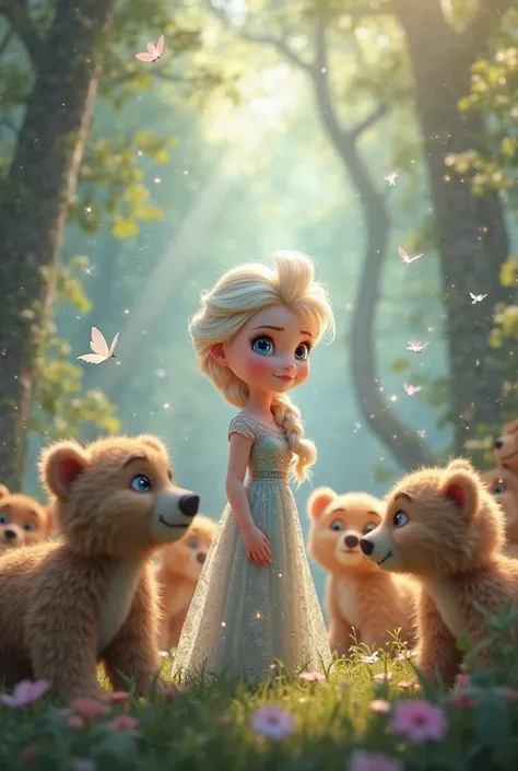 Princess Elsa, aged 4, surrounded by cubs and magic fairies