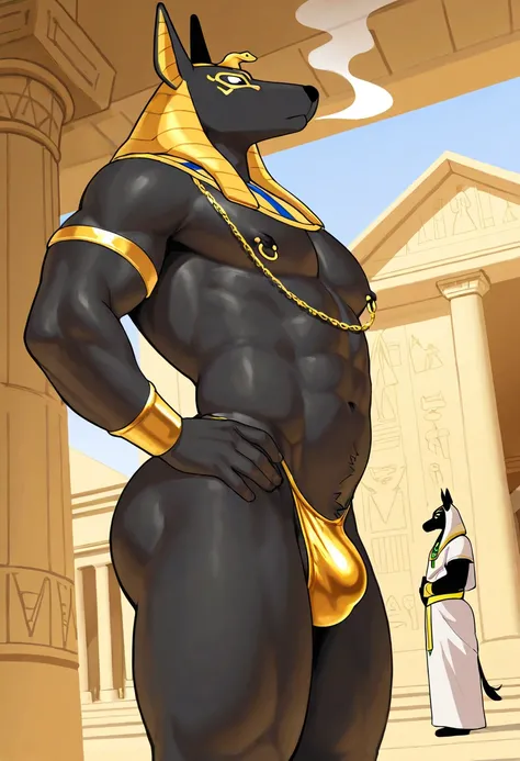 Highest quality,perfect anatomy,male anthropomorphic anubis wearing thong panties,golden panties,black skin,big bulging crotch,furry,egyptian robe,femboy body,gay,egyptian temple,obscene language,egyptian outfit,nipple piercing,body chain,side view,white s...