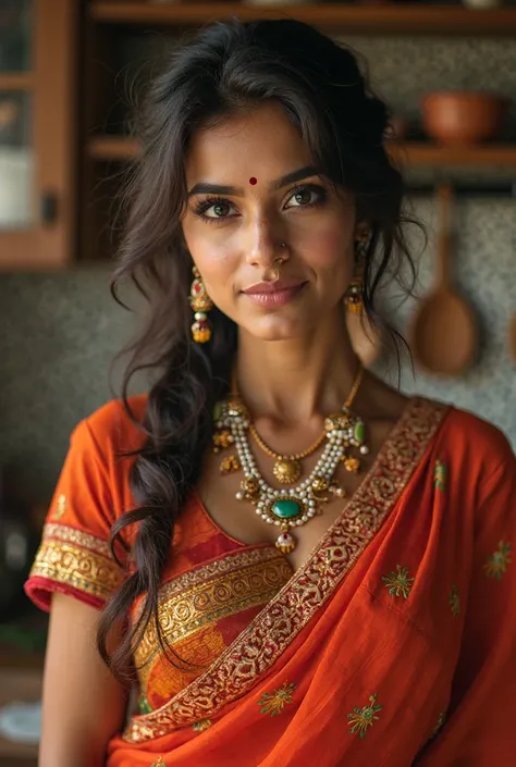 Close-up photo of an Indian woman in the kitchen wearing an apron, she is sexy 