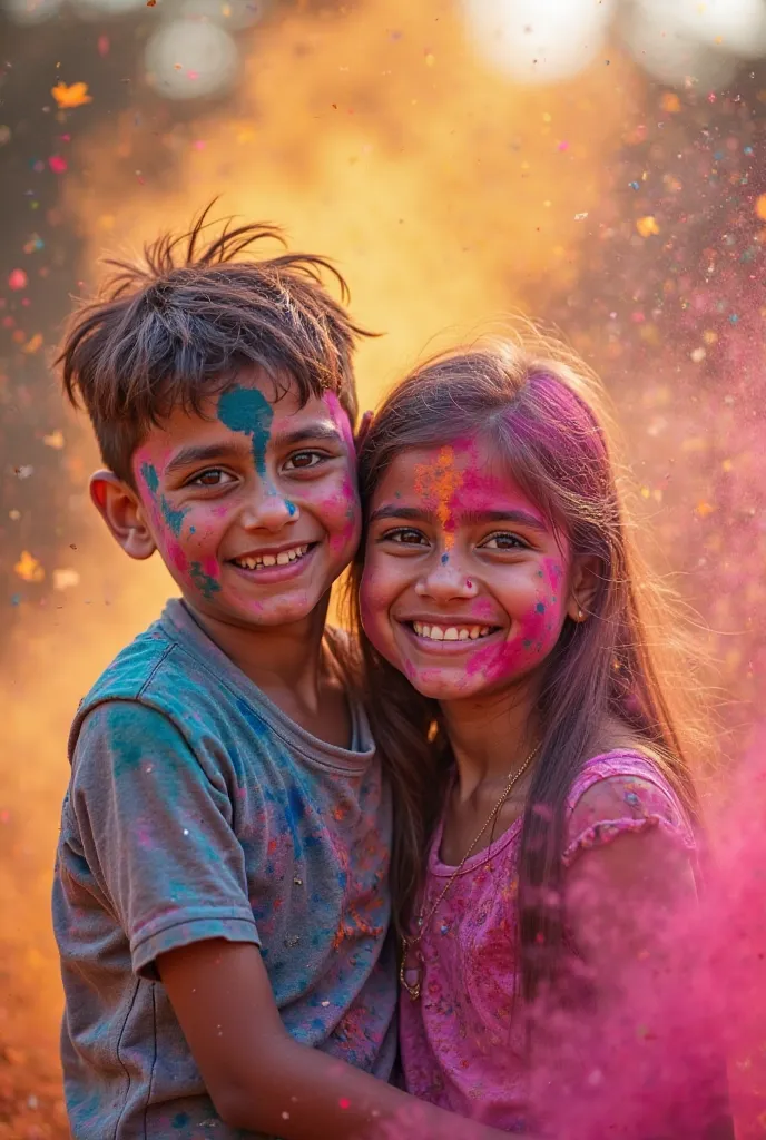 A photo Holi background with Happy Holi written on it and there is a boy and a girl who are colorful and in front of the background my name is written and "Real video" and the name is also in red black pink orange color