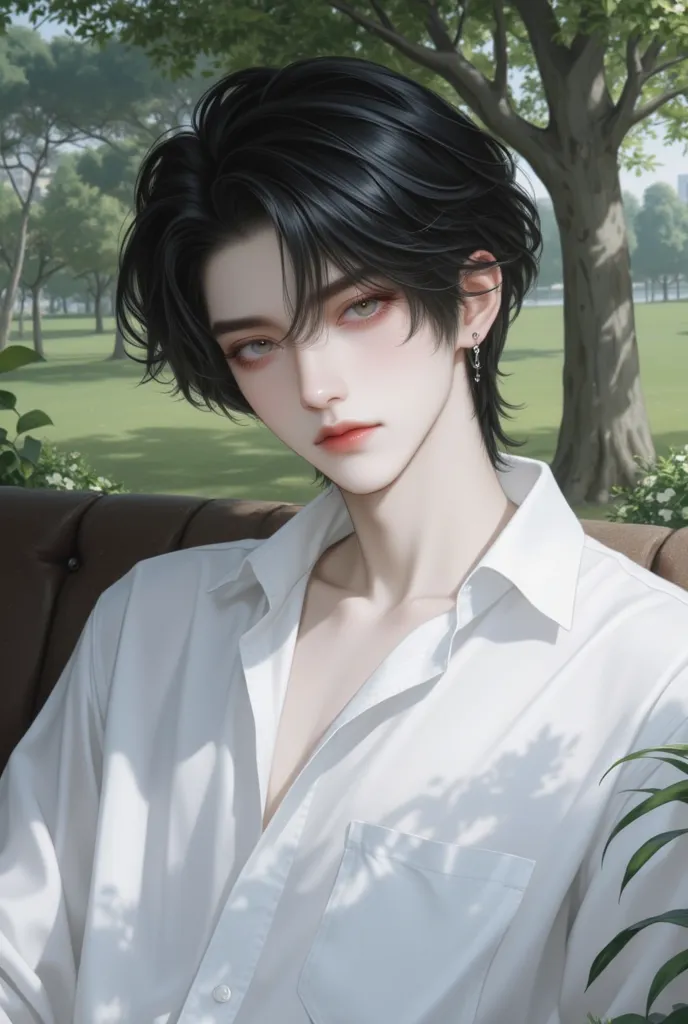 4k , 8k , manhwa , novel , Korea painting style , eyes details , sharp line , soft light , ((only 1 male black hair and grey eyes)) , short hair with , ((no hair bang)) , medium shot , wearing very loose shirt , long eyelash , park environments , good figu...