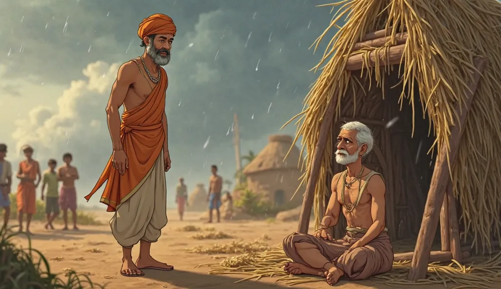 Animated Image Prompt:

An animated scene of Ramlal, wearing his simple cotton kurta, dhoti, and turban, carefully building a small thatched hut for the elderly man. His face remains the same—gentle eyes, a short beard, and a warm, determined expression. H...