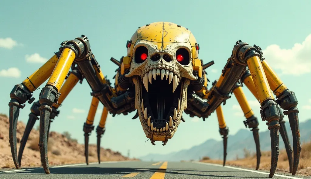 "A terrifying mechanical spider with a massive skull-like head, glowing red eyes, and sharp metallic fangs, crawling on an open road. Its body is a fusion of industrial machinery and biomechanical horror, with yellow hydraulic legs resembling construction ...