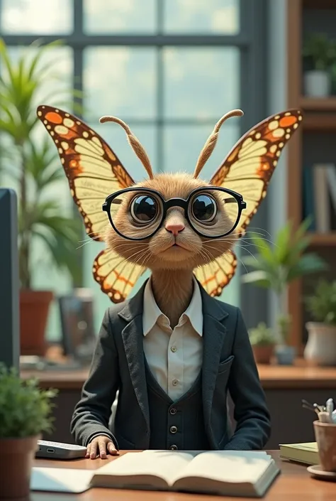 Generate a butterfly in office clothes with glasses 