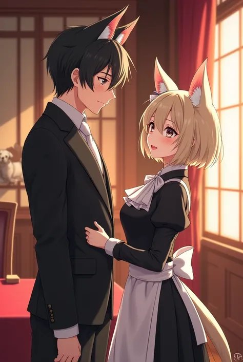 a butler female with dog ears and her human master with no animal ears. Make it into anime