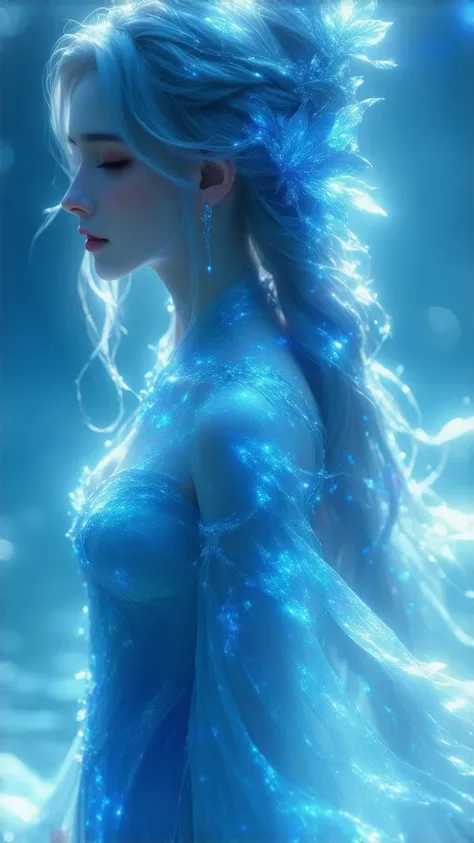 beautiful aura　amazing beautiful person　Mysterious　very beautiful blue　blue　Like a celestial maiden
sparkling hair ornament　Beautiful loose hair that goes up to the waist　Full body　A woman who looks in front of her memories is beautiful　I'm closing my eyes...