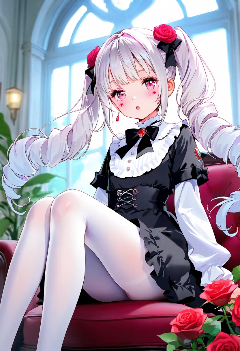 masterpiece,best quality,high quality,loli,chromatic_aberration,Light Blue Theme, //, 1girl, solo, drill hair, white pantyhose, flower, red eyes, blush, pantyhose, hair ornament, rose, looking at viewer, twin drills, red flower, dress, red rose, :o, facial...