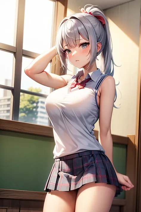 



  big breasts,   silver hair,   I can see the skirt , pleated uniform and light blue plaid super mini skirt,   Gal High School Girl    ,  light pink top is a sleeveless polo shirt,  Underwear came out   ,  Angle Right Below ,embarrassed face , embarras...