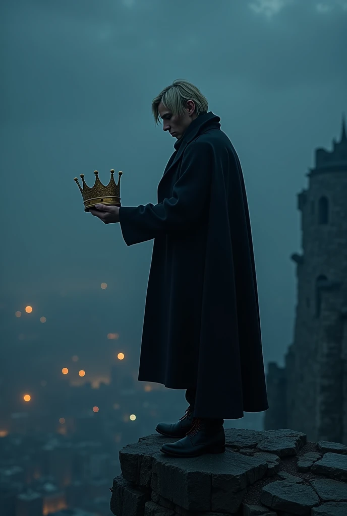 Imagine Victor, standing at the precipice of a crumbling tower, the wind tugging at the hem of his dark coat. His medium-blond, layered hair shifts slightly, framing sharp features set in an expression of cool indifference. In his hand, he holds a fracture...