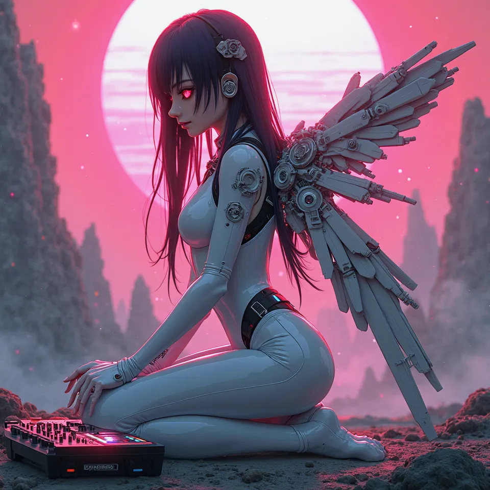 Mechanical anime girl in a white suit with black hair and red eyes Mechanical wings.Acid planet.She sits on her knees in front of the dj remote 