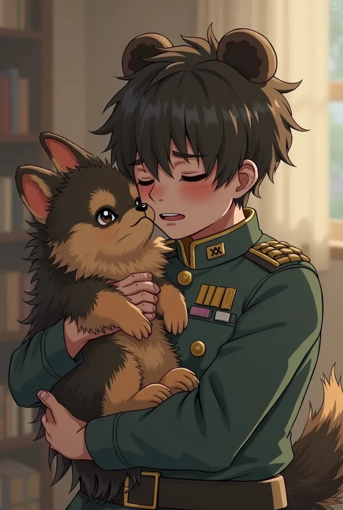 BTS Small V in Korean Simple Military outfit with Bear Ears and tail crying whole heartedly when sees that his dog Yeontan black and tan Pomeranian died in his arms. He holds his dog tightly to his chest (*"close the dog's eyes"*)