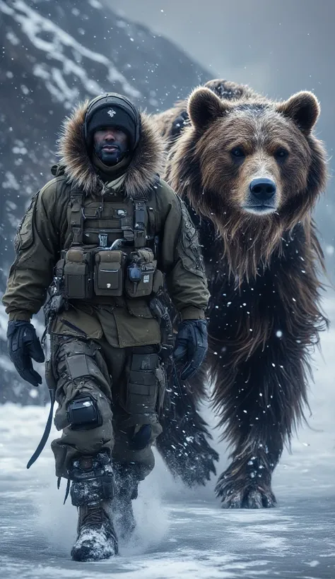 A Fijian soldier in authentic military winter attire marches forward alongside a massive bear. He is clad in heavy-duty combat gear, including a thick tactical harness, a fur-lined hood, and a sturdy backpack. His expression is stoic, eyes scanning the hor...