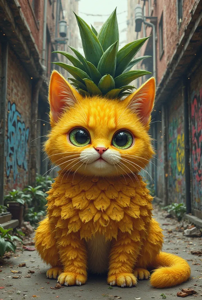 A cat transformed into an ananas in the middle of the hood