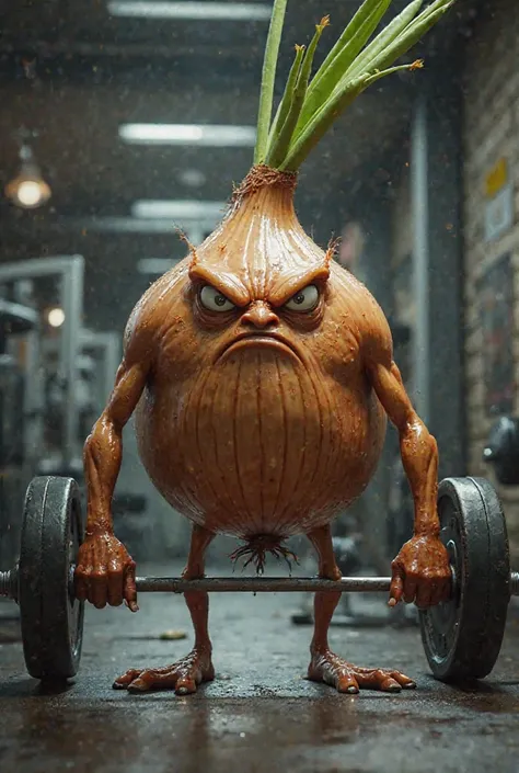 Create a photo of an onion vegetable in a gym with thin arms and legs and an angry face looking at a 100kg barbell 