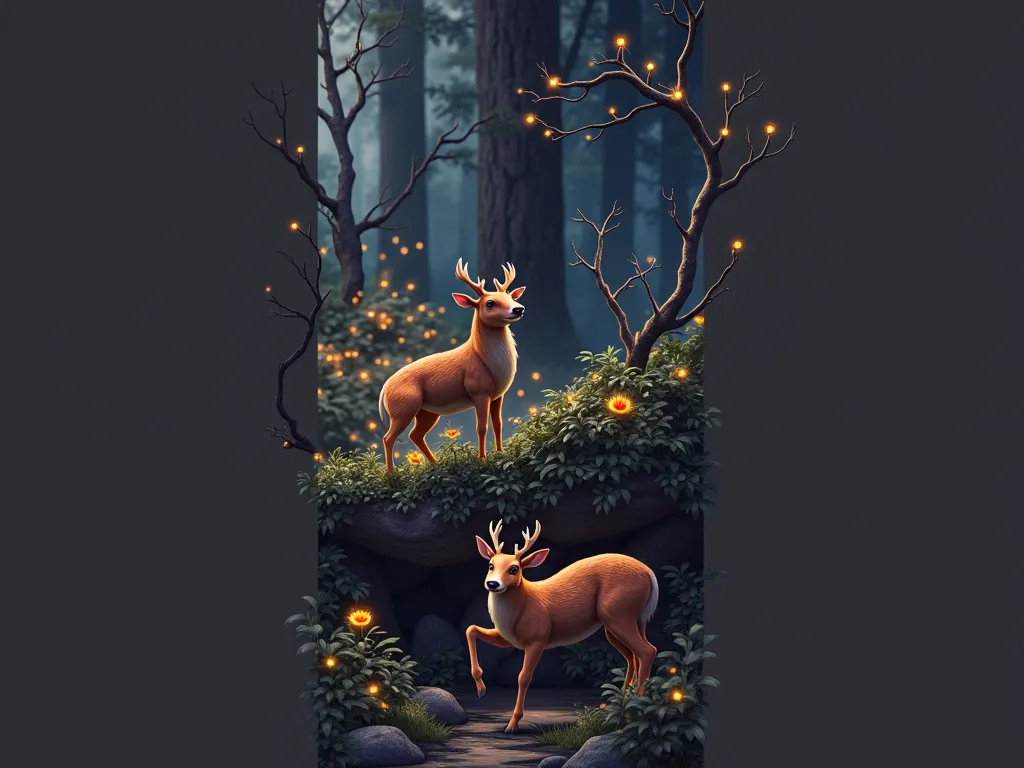 masterpiece, Highest quality, (very detailedCG Unity 8k壁紙), (Highest quality), ( best illustration), (Best Shadow),  Glow sprite , With the glowing deer,  and drinking water , natureの要素 in the forest theme.  Mysterious Forest,  beautiful forest, nature, Su...