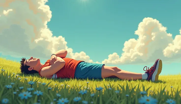 Animated image and side view of a runner lying down flat, back onthe floor, on a field with his hands folded under his head. Let the colors be vibrant