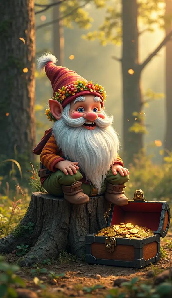 Imagine the scene: A happy gnome sits on a big stump in the forest, his face glows with joy. He has a long beard, decorated with small gold coins and flowers. On It has a bright hat with a rounded end and a colored. There is an old chest next to him, belt ...