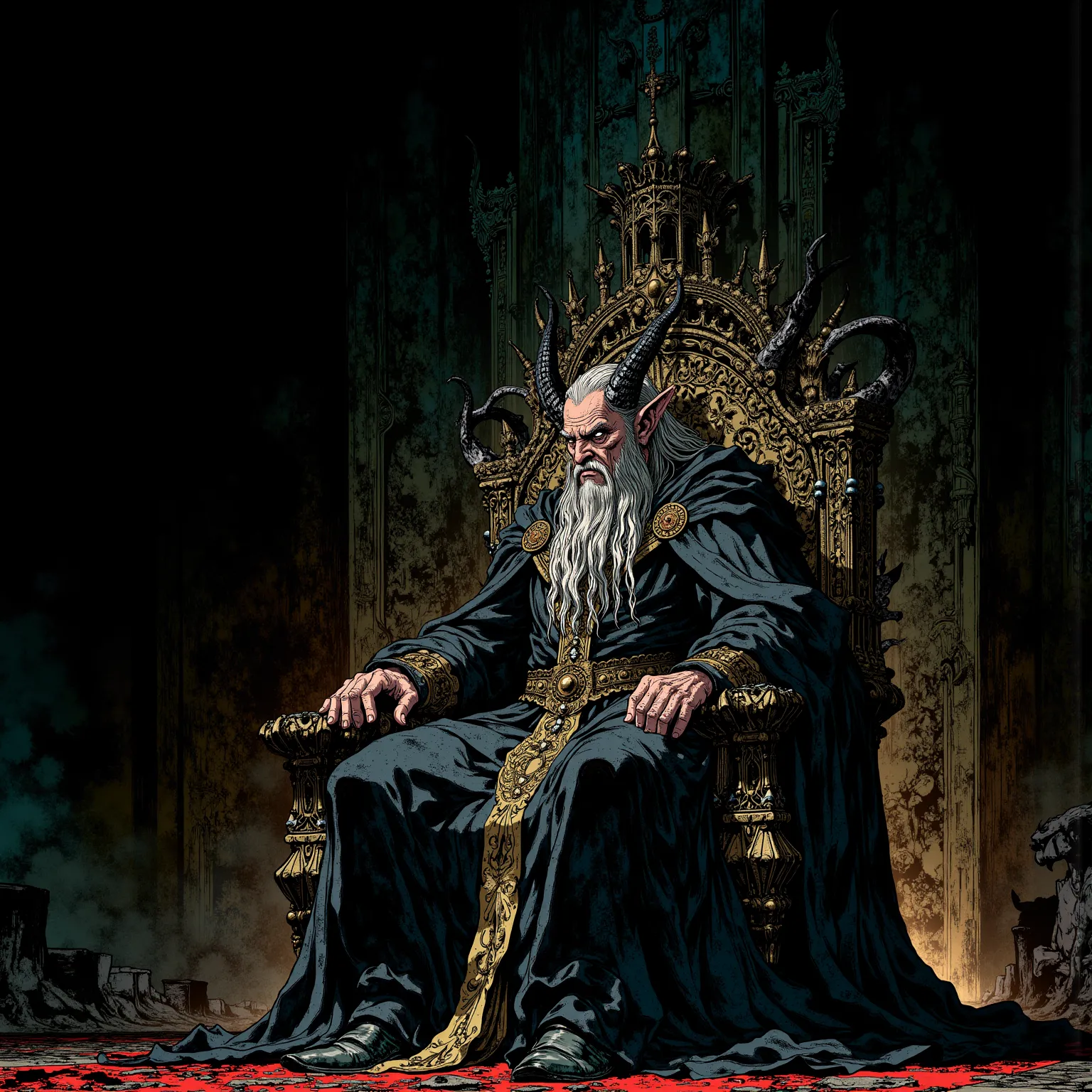  masterpiece, 8K cinematic comic style by Bernie Wrightson and Mike Mignola, rei elfo com 70 anos sentado no seu trono de 7 chifres adornados