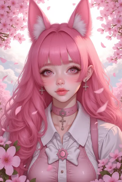 1girl, solo, animal_ears, pink_hair, long_hair, looking_at_viewer, cherry_blossoms, pink_eyes, animal_ear_fluff, petals, sky, outdoors, virtual_youtuber, closed_mouth