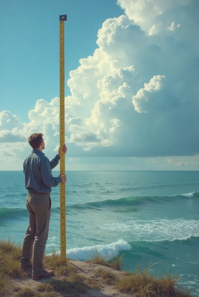 the idea of a person (you) trying to measure something vast—symbolizing our attempts to “measure” God with human limitations. The measuring tape is comically small compared to the expansive sky or ocean, representing the infinite nature of the divine.