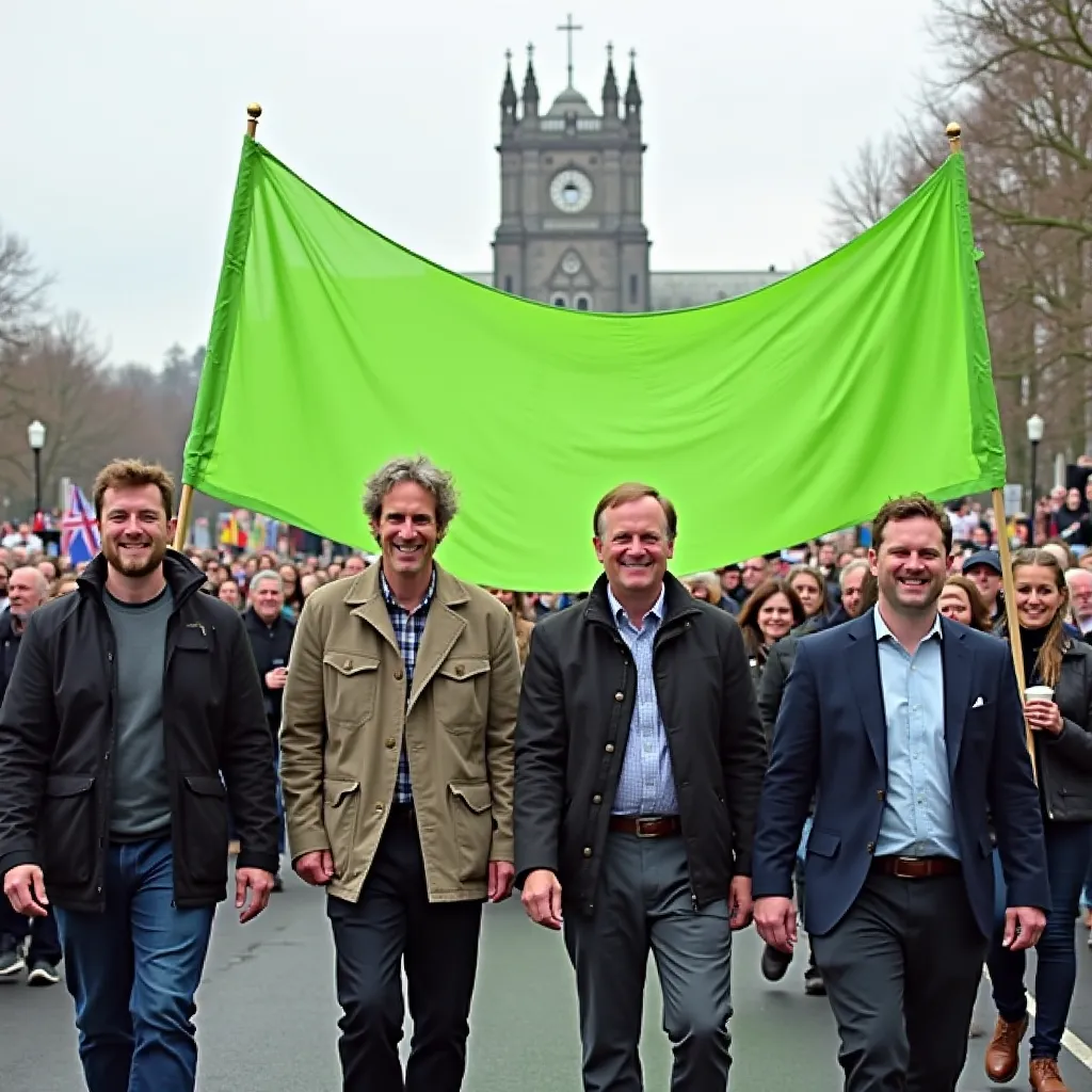 This photograph shows four smiling Englishmen walking amongst a crowd of people who together hold up a large bright green rectangular banner cloth. The four men are each dressed differently, and in the background is a gray Christian church building with a ...