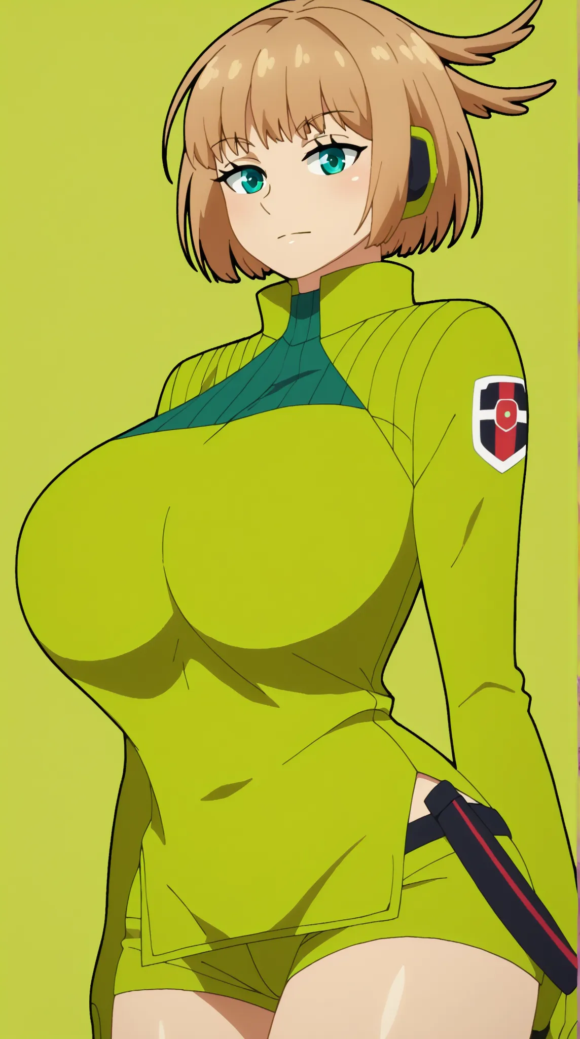 (UHD, retina, masterpiece, accurate, anatomically correct, super detail, high details,   highres, 1080P, 16k、high detail RAW color art:1.3)、(Kirie Konami ai:1.3)、(short hair、light brown hair、bangs、green　Eye  1.3)、(very gigantic breasts:1.3)、(shiny skin:1.3...