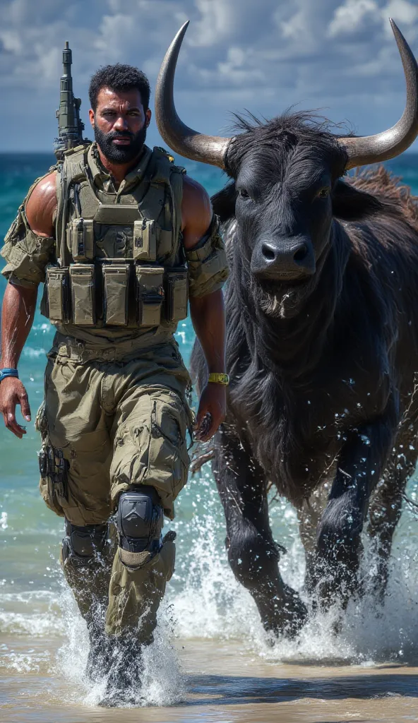 A Niuean warrior in full combat gear walks beside a powerful ox, both moving in perfect sync. The warrior’s uniform is an authentic Niuean military outfit, incorporating both modern tactical elements and traditional Polynesian patterns. His face is fierce ...