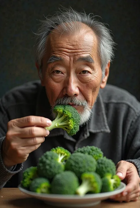 Chinese Man Eating Broccoli 