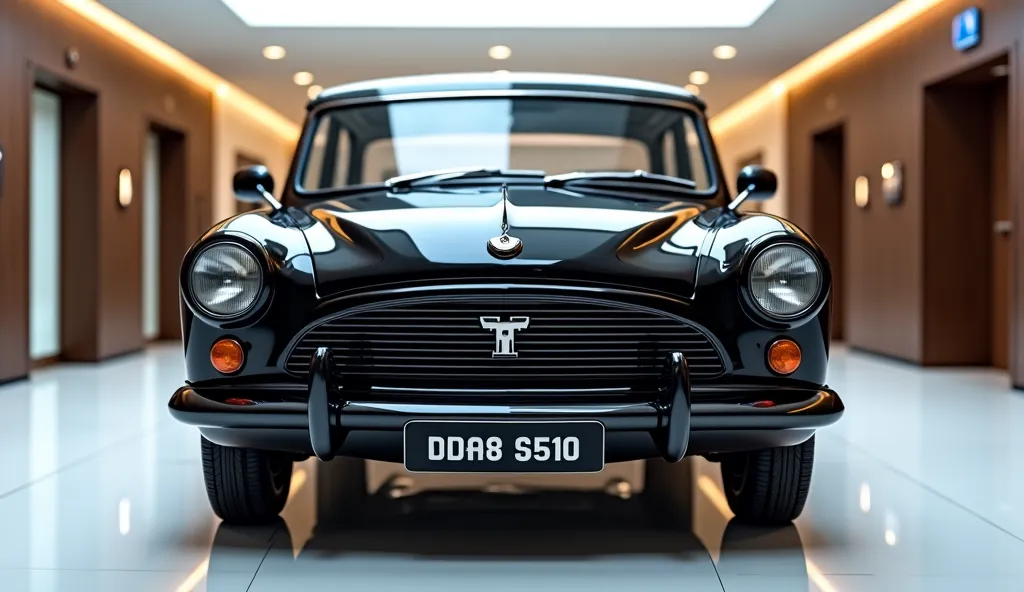 Front view an ultra HDR Render off A  painted with shiny colour A Bold Design darkness black Front view view Hindustan ambassador 2026  sleek in shape modern with (Detailed grille like Hindustan ) black alloy wheels sleek front lights and original logo on ...