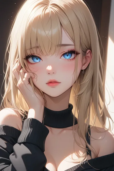 ((Highest quality)), ((masterpiece)), ( exhaustive), 1 girl,Black off the shoulder sweater ,  Panchira、 bra lift 、nsfw1.8、Blue eyes、long blonde、full body shot、shy face