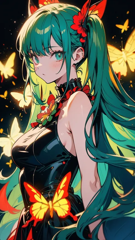  anime, beautiful girl with long twin tails and peppermint green hair、Sci-fi style fashion and background、tropical flowers々、butterfly々,  full picture, best quality, 4K, 8k, high resolution, masterpiece, ultra-detailed, realistic, Photorealistic, photo-real...