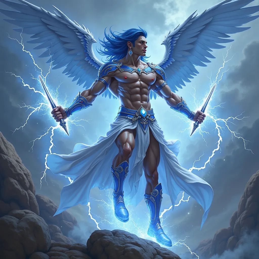 A celestial male, god of lightning . extremely handsome young male body builder with v-shaped torso with narrow waist. Muscular legs with big well rounded buttocks. Electric eyes, large plump full Lucious lips. Blue hair. Electrically charged warrior in bl...