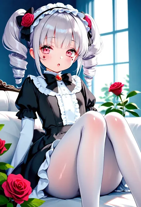 masterpiece,best quality,high quality,loli,chromatic_aberration,Light Blue Theme, //, 1girl, solo, drill hair, white pantyhose, flower, red eyes, blush, pantyhose, hair ornament, rose, looking at viewer, twin drills, red flower, dress, red rose, :o, facial...