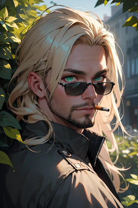 1Men, Solo, slim and tall; longe Blonde Hair; green Eyes; dark green futuristic coat, Belts on cloth, cyber city background, rechteckige sonnenbrille , beard, smocking, tired eyes,