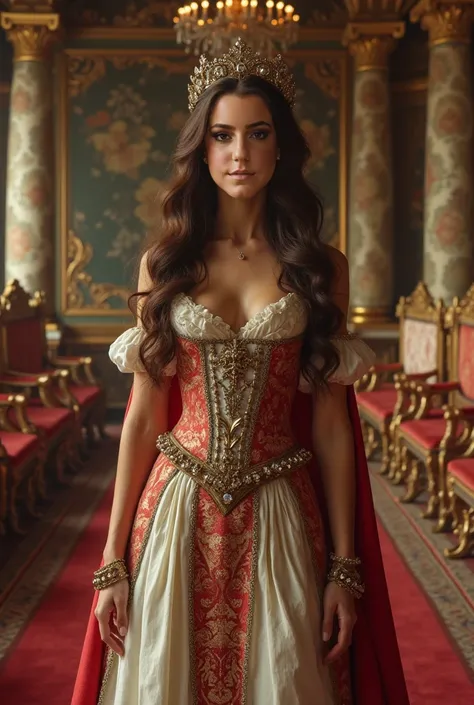 Medieval Queen in luxury, brown hair, tiara, revealing clothes