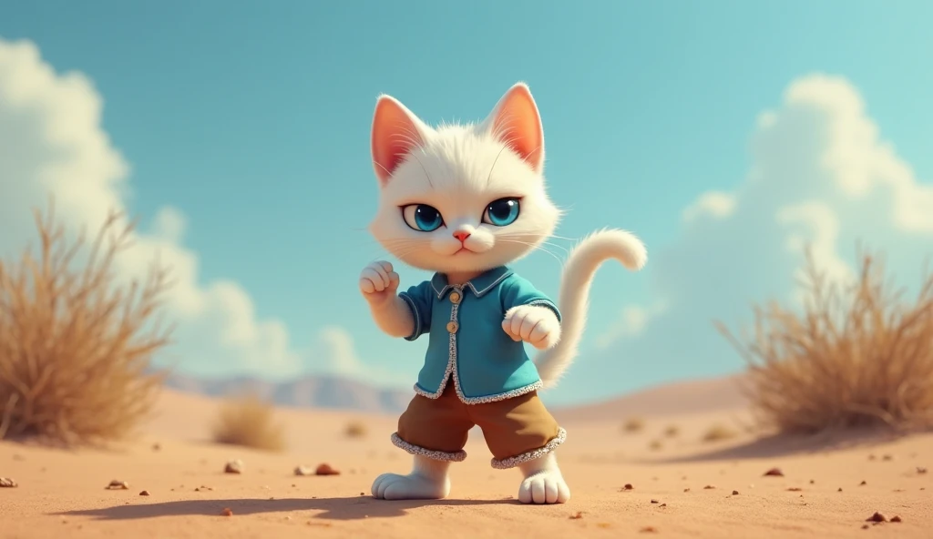 "A determined anthropomorphic white cat with striking blue eyes stands in a fighting stance in the middle of a vast desert. The cat's fur is soft and fluffy, with perked-up ears showing alertness. It wears a short-sleeved blue button-up shirt and brown sho...