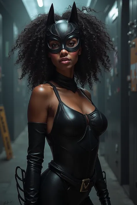 Sexy image of a curly-haired black woman wearing a catwoman mask and costume