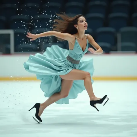 A glamorous girl playing hockey in high heels, slipping and falling dramatically.