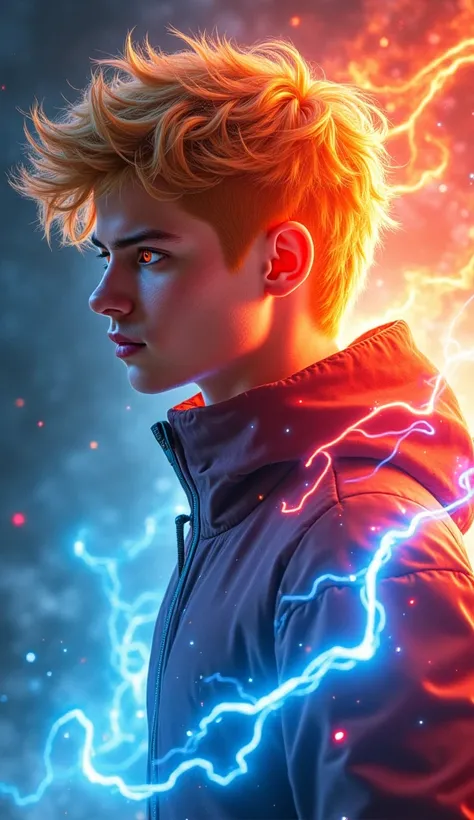 A twenty-year-old boy with blond and red hair, eradicating a red and blue aura, With your eyes with a giant electricity , almost as if it were on fire