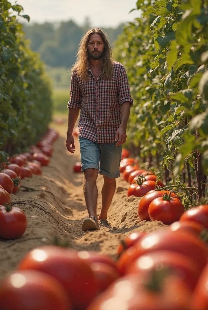 In a fantastical agricultural scene, a farmer with long hair dressed in a checkered shirt and denim shorts ambles through a field filled with large, ripe tomatoes. The background is sparsely detailed with sandy soil, while the foreground bursts with bright...