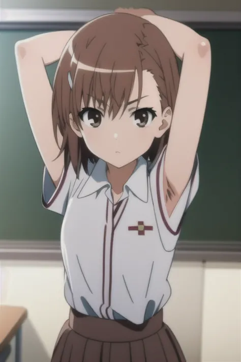 masterpiece, Highest quality, Misaka_Mikoto, brown eyes, short_hair,  small_breast, viewers after shaving armpit hair, Alone,  closed _mouth, Do not put anything on colored _ shirt, schools_uniform,  shirt, white_ shirt, classroom