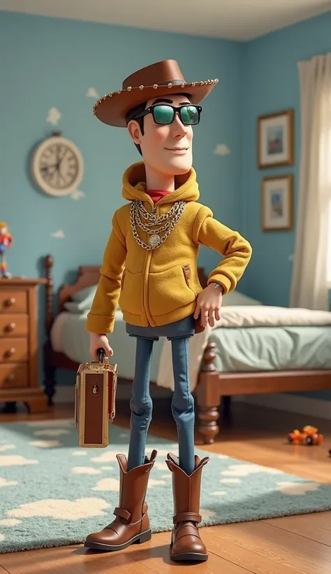 Woody de Toy Story como um gangster moderno, wearing a luxurious hooded sweatshirt, gold chains around their necks, mirrored sunglasses and shiny sneakers. He is posing with a confident pose, holding a state-of-the-art cell phone in one hand and a cash bri...