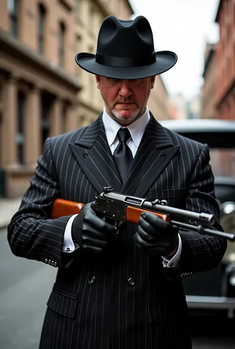 American gangster,30s , 19th century, Time of dry law,  in a black striped suit, with a Thompson gun in his hands, wearing a wide-brimmed black hat, against the background of an old building and a vintage car, close-up to the waist