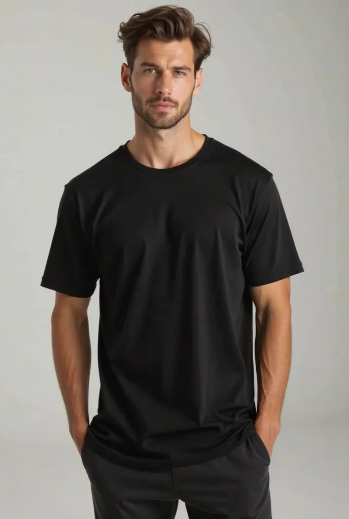 create an image mockup of a male model wearing a drop shoulder premium quality black color t shirt that i can use for mock up front and back side both