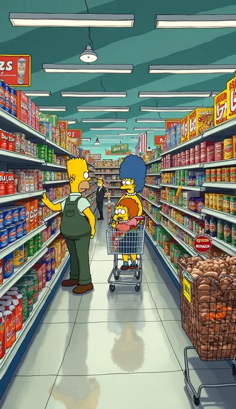 A highly detailed, vibrant, and cinematic illustration in The Simpsons style: A bustling Springfield supermarket, packed with iconic residents shopping for groceries. The aisles are fully stocked with colorful, neatly arranged products, including Buzz Cola...