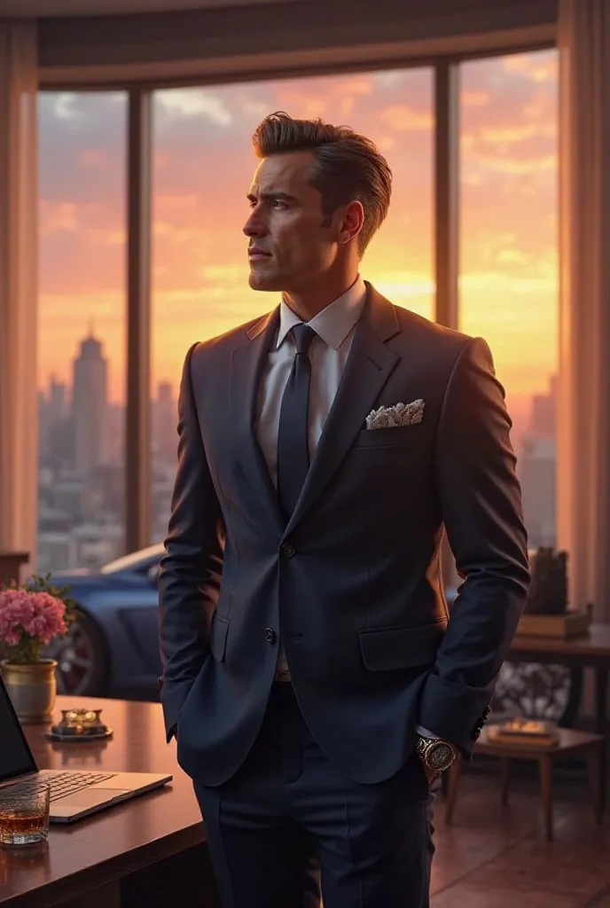 "A highly detailed, ultra-realistic digital painting of a successful American millionaire. He is dressed in a tailored designer suit, wearing an expensive watch, and exuding confidence. He stands in a luxurious penthouse office with floor-to-ceiling window...